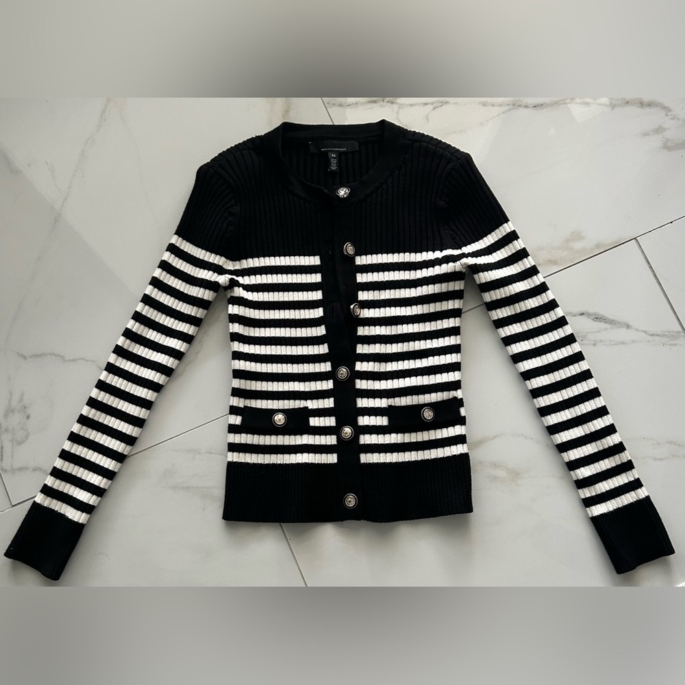 Black and White Striped Ribbed Cardigan - Picture 2 of 6